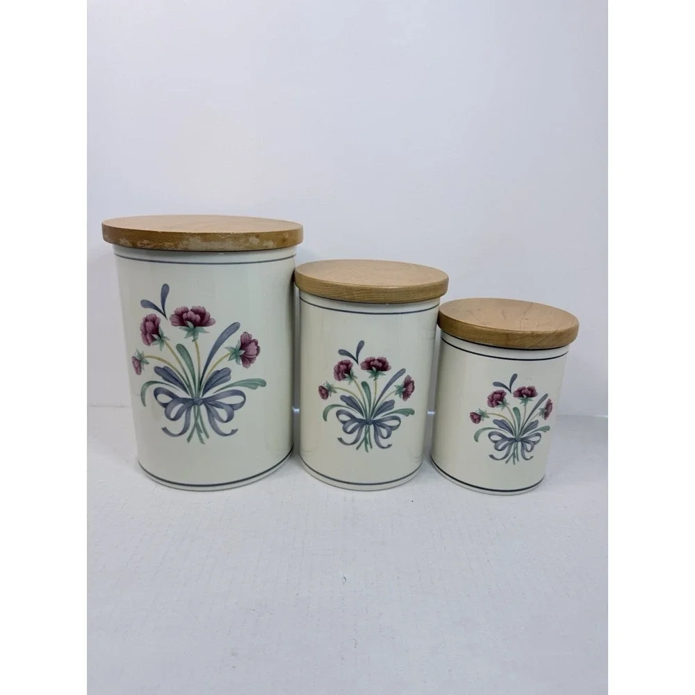 Set Of 3 Lenox 'Poppies on Blue' Canisters Wood Lids Made In USA Vintage
